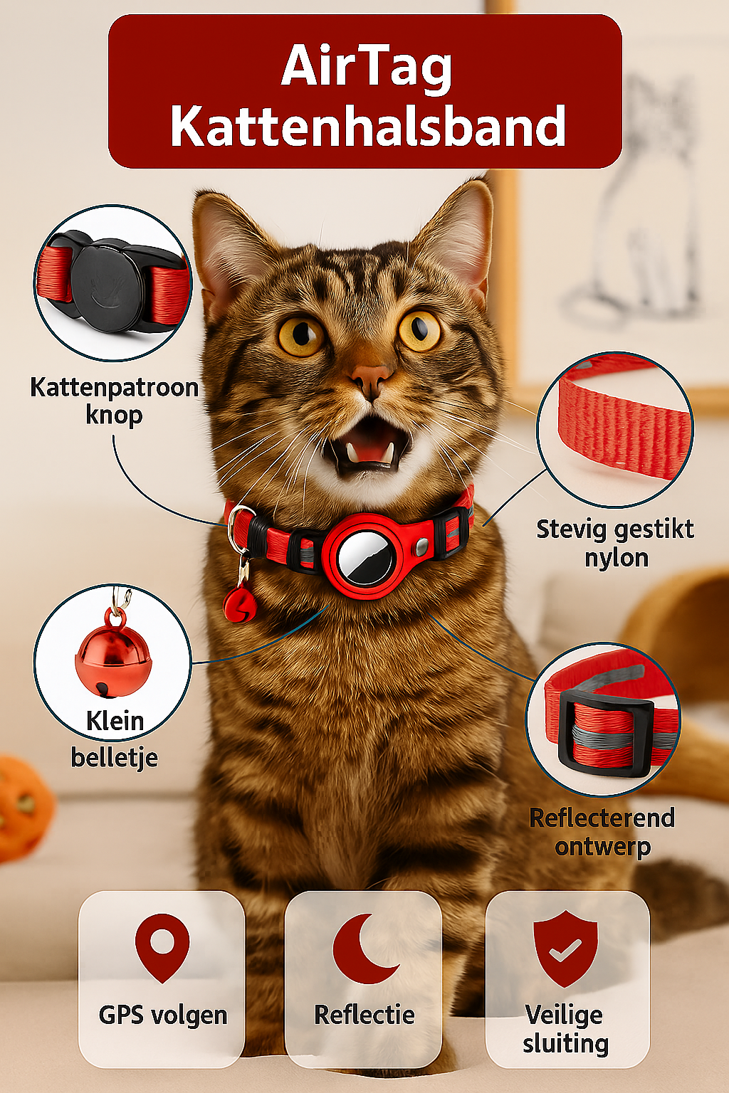 Reflecterende katten halsband met Bel & AirTag-Houder