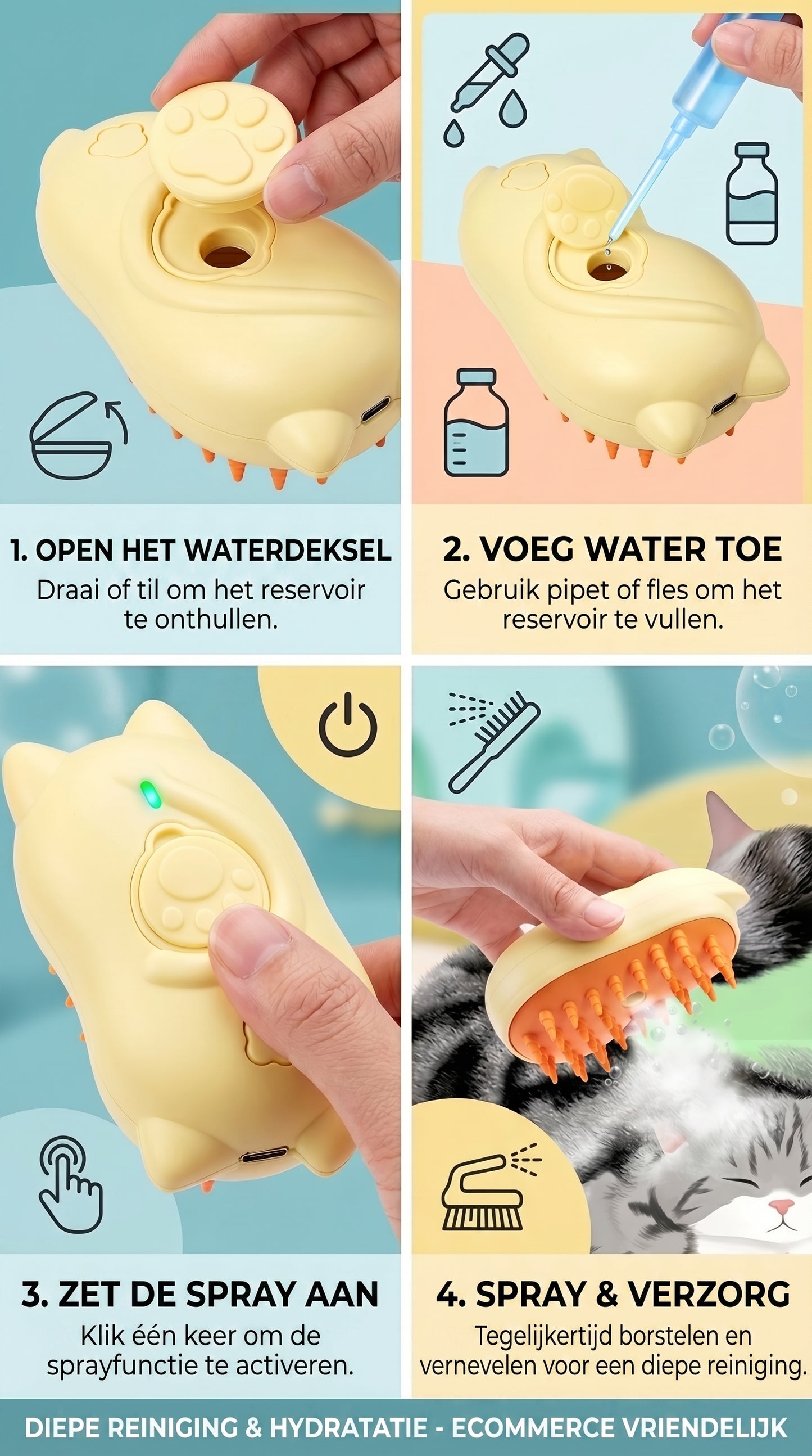 3-in-1 Stoomborstel voor Katten & Honden – Ontwarren, Reinigen & Masseren – vooraanzicht